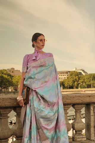 Sky Blue Rangkat Satin Handloom Weaving Silk Saree_Kumari Sarees