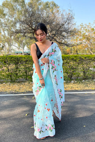 Sky Blue Organza Silk Saree_Kumari Sarees