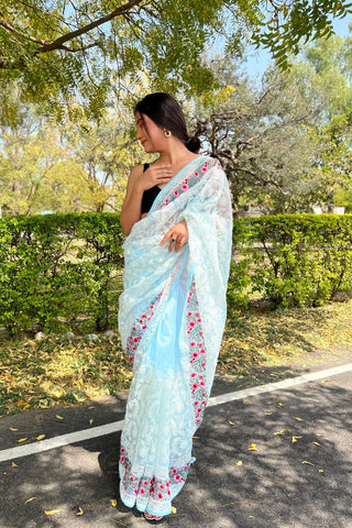 Sky Blue Organza Silk Saree_Kumari Sarees