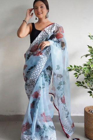Sky Blue Organza Embroidered Saree_Kumari Sarees