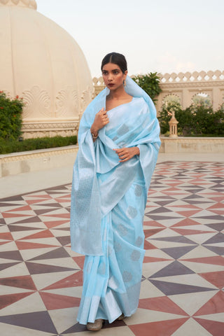 Sky Blue Pure Linen Weaving Saree_Kumari Sarees
