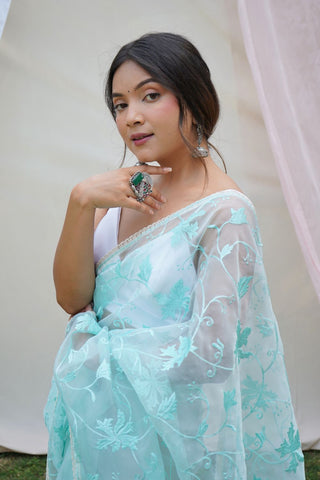 Sky Blue Organza Silk Saree_Kumari Sarees