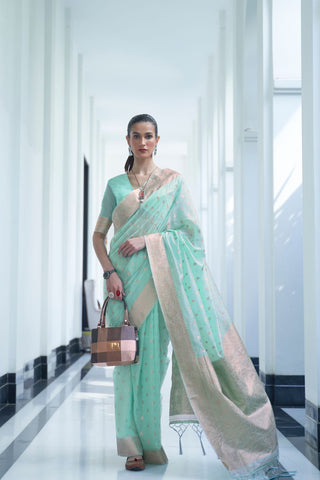 Sky Blue Modal Mukaish Handloom Saree_Kumari Sarees