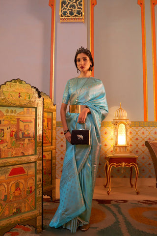 Sky Blue Nylon Satin Weaving Saree_Kumari Sarees