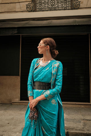 Sky Blue Pure Satin Zari Lining Handloom Weaving Saree_Kumari Sarees