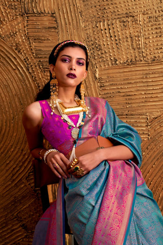 Sky Blue Handloom Weaving Silk Saree_Kumari Ssarees