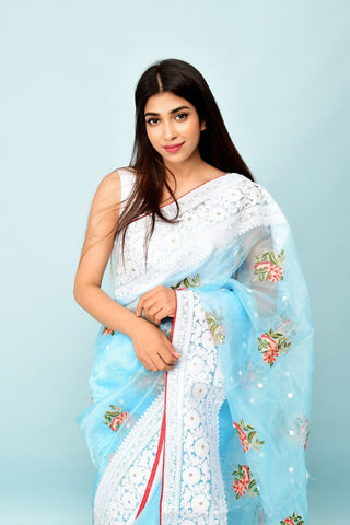 Sky Blue Soft Organza Silk Saree_Kumari Sarees