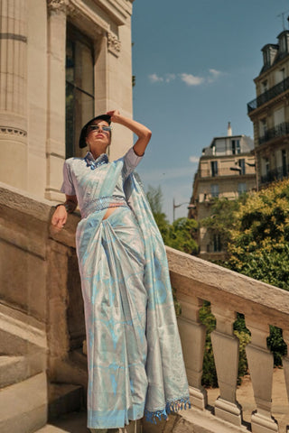 Sky Blue Pure Satin Handloon Weaving Saree_Kumari Sarees