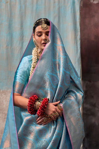 SKY BLUE TWO TONE HANDWOVEN SILK SAREE