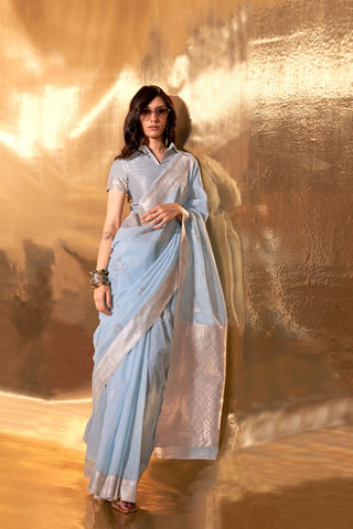 Sky Blue Handwoven Linen Saree_kumari Sarees