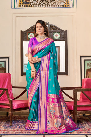 Sky Blue Soft Peshwai Paithani Silk Saree_Kumari Sarees