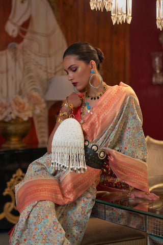 Sky Blue Modal Handloom Kashmiri Weaving Silk Saree_Kumari Sarees