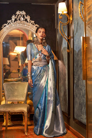 Sky Blue Two Tone Handloom Weaving Organza Saree_Kumari Sarees