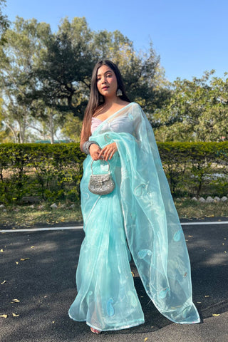 Sky Blue Organza Silk Saree_Kumari Sarees