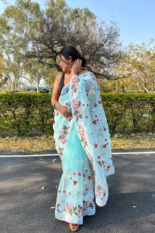 Sky Blue Organza Silk Saree_Kumari Sarees