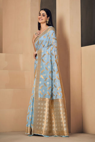 Sky Blue Linen Chanderi Saree_Kumari Sarees