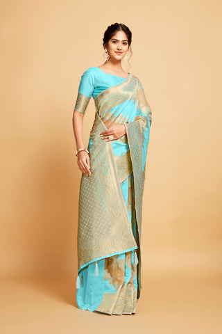 Sky Blue Linen Jamdani Banarasi Saree_Kumari Sarees