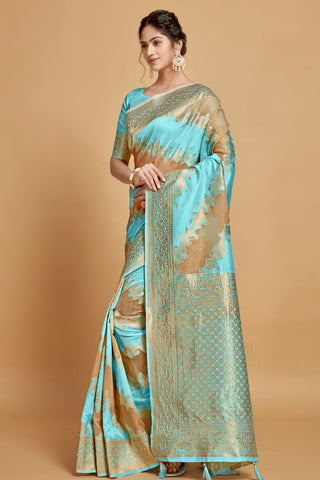 Sky Blue Linen Jamdani Banarasi Saree_Kumari Sarees