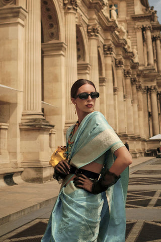 Sky Blue Pure Satin Handloom Weaving Silk Saree_Kumari Sarees