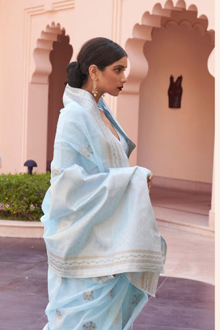 Sky Blue Pure Linen Weaving Saree_Kumari Sarees