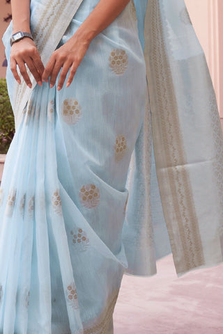 Sky Blue Pure Linen Weaving Saree_Kumari Sarees