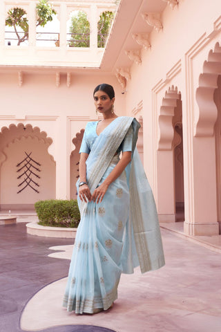Sky Blue Pure Linen Weaving Saree_Kumari Sarees