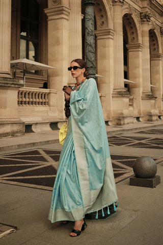 Sky Blue Pure Satin Handloom Weaving Silk Saree_Kumari Sarees