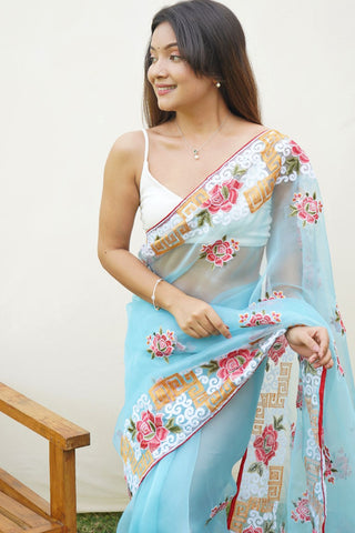 Sky Blue Organza Silk Saree_Kumari Sarees