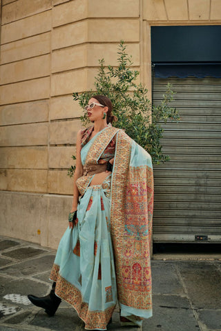 Sky Blue Kashmiri Modal Handloom Weaving Saree_Kumari Sarees