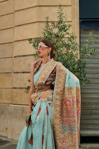 Sky Blue Kashmiri Modal Handloom Weaving Saree_Kumari Sarees