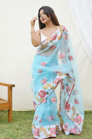 Sky Blue Organza Silk Saree