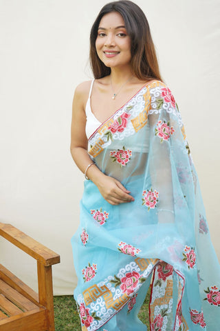 Sky Blue Organza Silk Saree