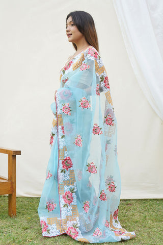Sky Blue Organza Silk Saree_Kumari Sarees