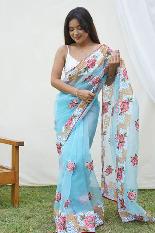 Sky Blue Organza Silk Saree_Kumari Sarees