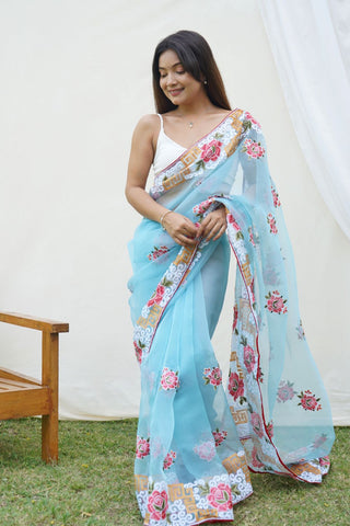Sky Blue Organza Silk Saree_Kumari Sarees