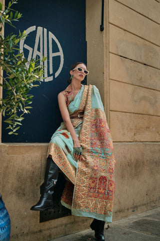Sky Blue Kashmiri Modal Handloom Weaving Saree_Kumari Sarees