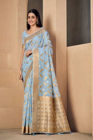 Sky Blue Linen Chanderi Saree_Kumari Sarees
