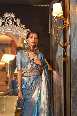 Sky Blue Two Tone Handloom Weaving Organza Saree_Kumari Sarees