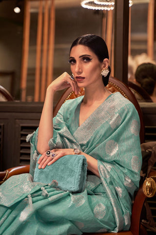 Summer Green Multi Pure Linen Weaving Saree_Kumari Sarees