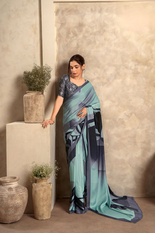 Summer Green Satin Crepe With Digital Print Saree_Kumari Sarees