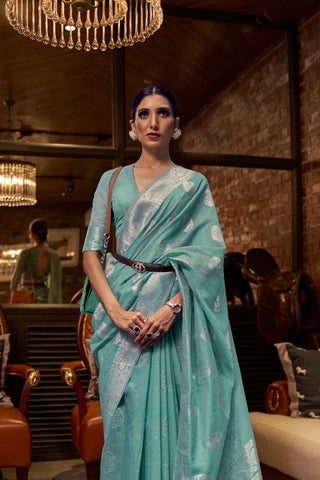 Summer Green Multi Pure Linen Weaving Saree_Kumari Sarees