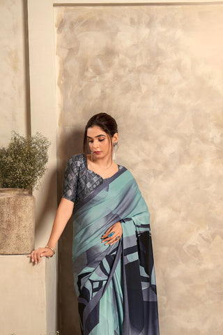 Summer Green Satin Crepe With Digital Print Saree_Kumari Sarees