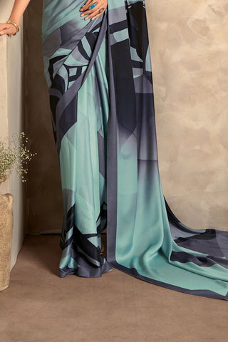 Summer Green Satin Crepe With Digital Print Saree_Kumari Sarees