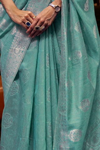 Summer Green Multi Pure Linen Weaving Saree_Kumari Sarees