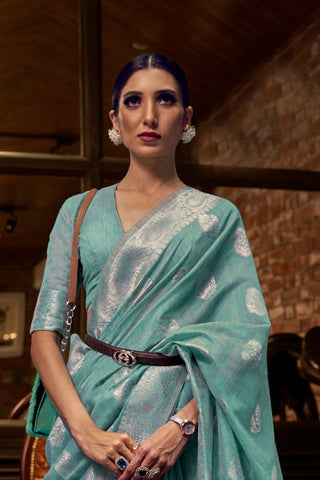 Summer Green Multi Pure Linen Weaving Saree_Kumari Sarees
