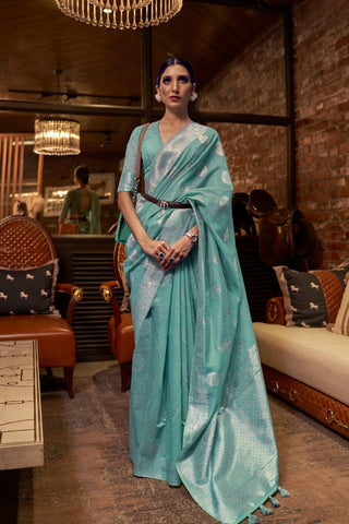 Summer Green Multi Pure Linen Weaving Saree_Kumari Sarees