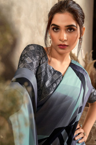 Summer Green Satin Crepe With Digital Print Saree_Kumari Sarees