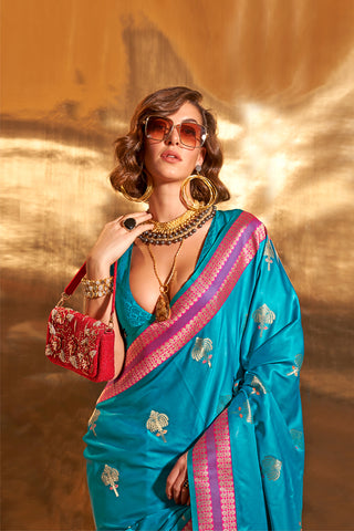 Teal Blue Banarasi Pure Satin Handloom Weaving Saree_Kumari Sarees