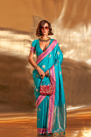 Teal Blue Banarasi Pure Satin Handloom Weaving Saree_Kumari Sarees
