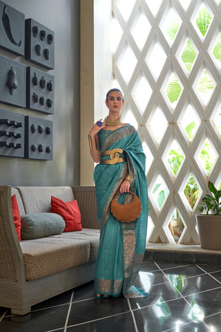 Teal Blue Gala Copper Zari Handloom Weaving Saree_Kumari Sarees